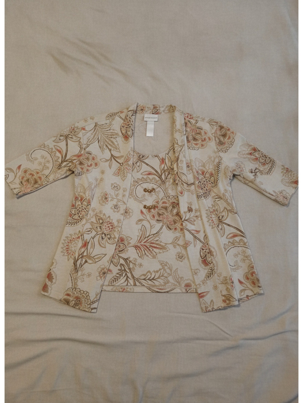 Alfred Dunner Two-Piece Cardigan & Tank Set Size L Floral Paisley Beaded Accents